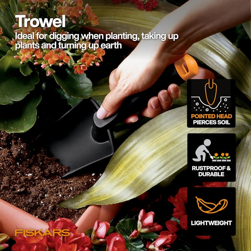 Fiskars مجموعة أدوات حديقة الخضروات مع مقصات الخضروات، موزع البذور، مجرفة، محراث، عازلة، وقفازات حديقة L/XL للزراعة الداخلية أو الخارجية (مجموعة 6 قطع) - Image 2